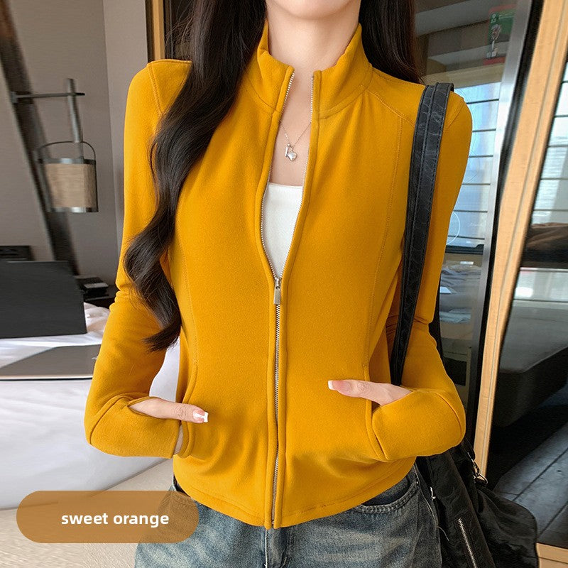 Women Stand Collar Zip Front Jacket Slim Fit Long Sleeve Wool Blend Top teemdrop