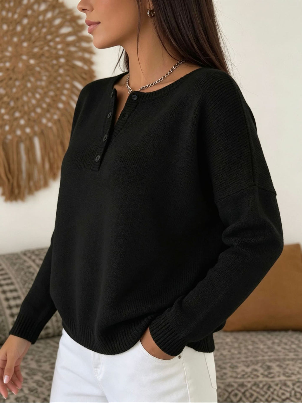 Women's Long Sleeve V-Neck Knit Sweater teemdrop