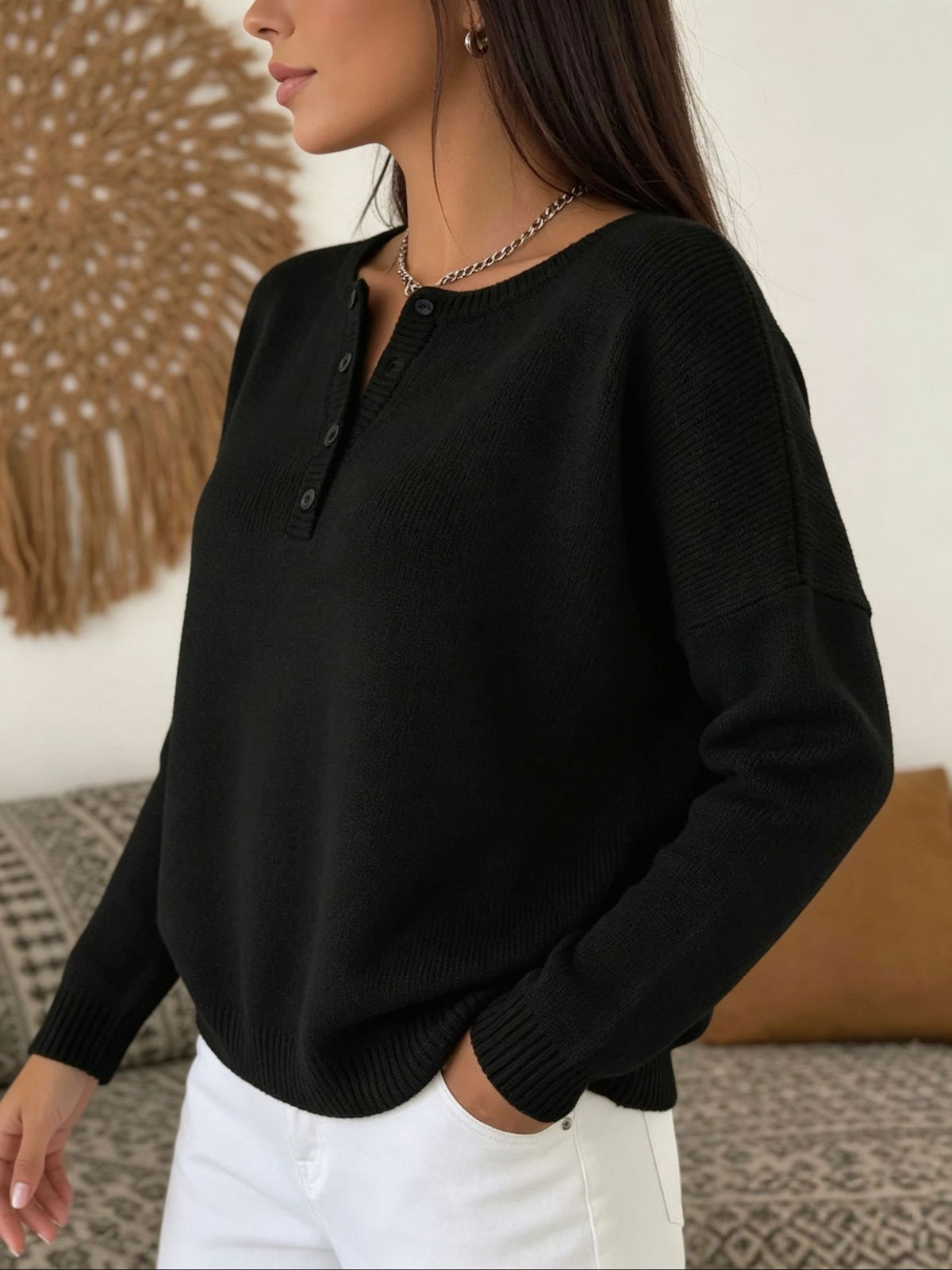 Women's Long Sleeve V-Neck Knit Sweater teemdrop