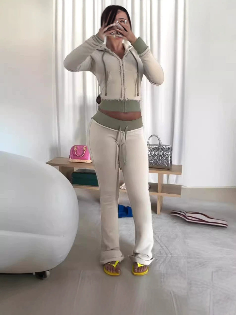 Women's Short Zip-Up Hoodie and Flared Pants Two-Piece Set teemdrop