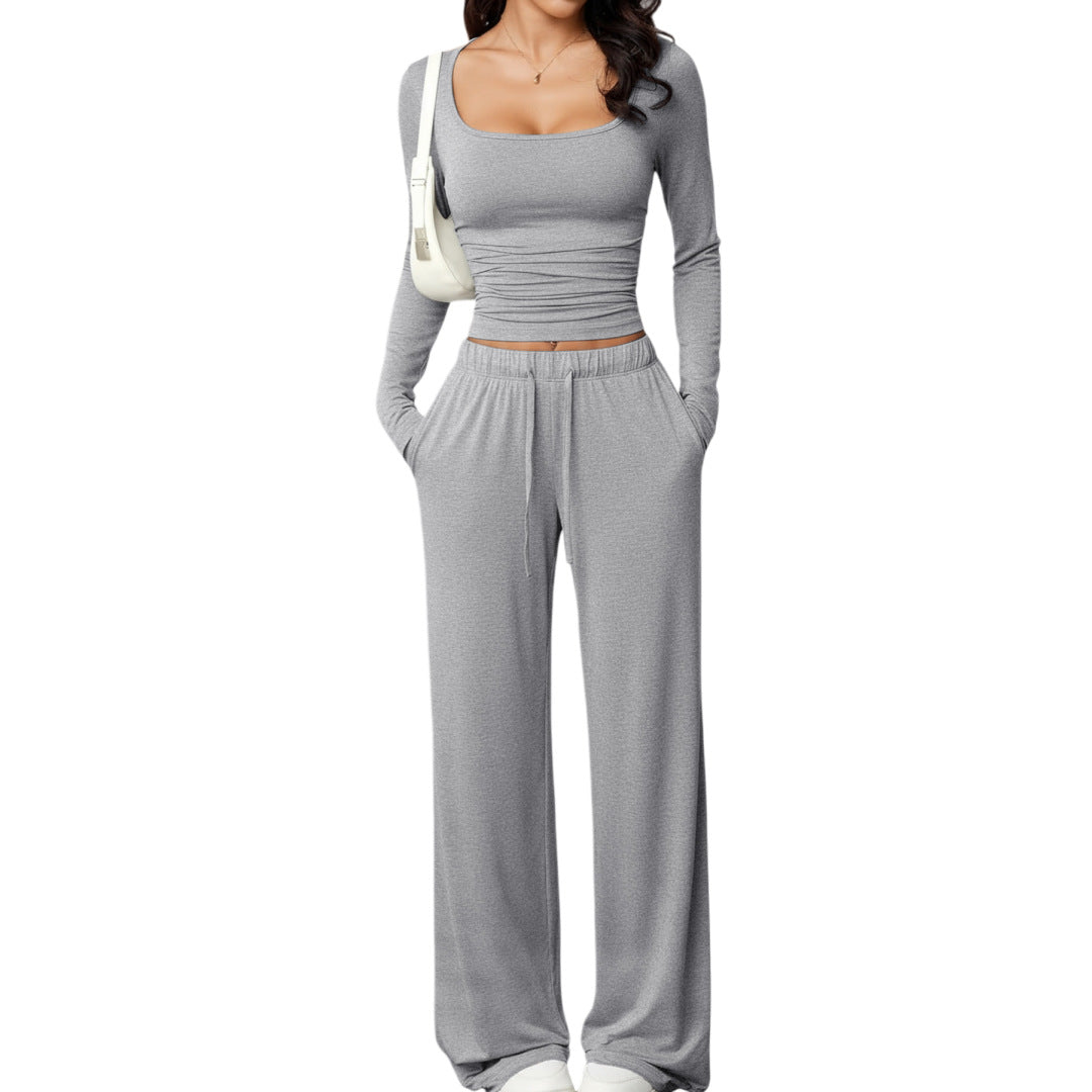 casual pants set with square-neck long-sleeve short top