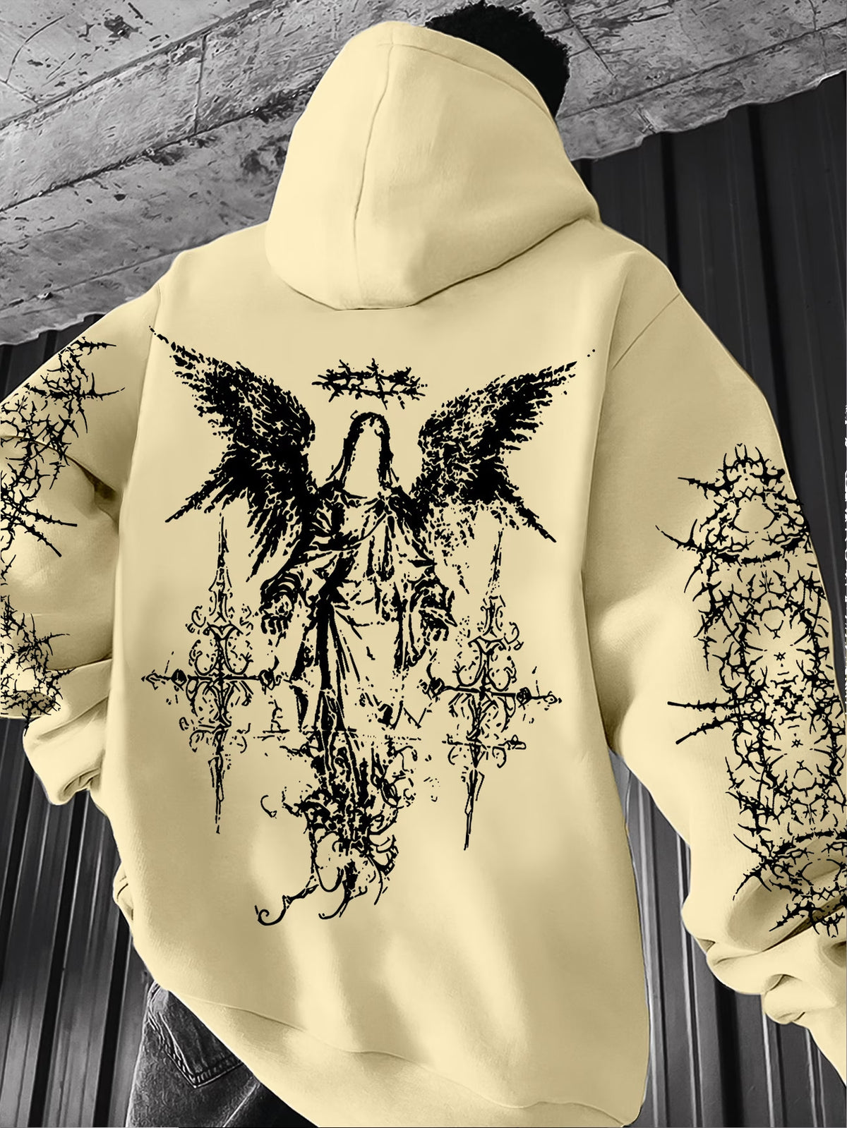 Gothic-style angel-print hoodie teemdrop