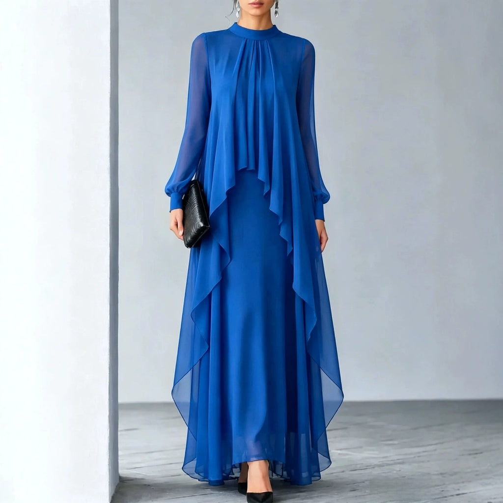 Women's Pleated Chiffon Long Dress Stand Collar Sheer Sleeve Ruffle Hem Fake Two-Piece Gown teemdrop