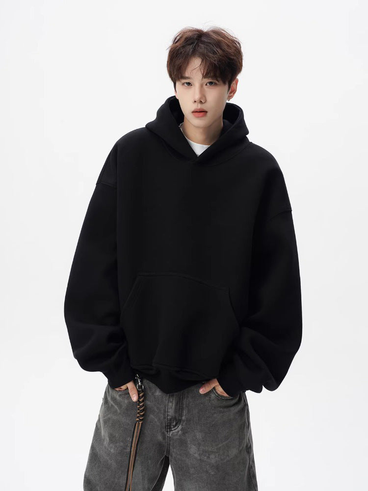Men Heavyweight 400g Pure Cotton Double Layer Hooded Sweatshirt Loose Fit Solid Color teemdrop