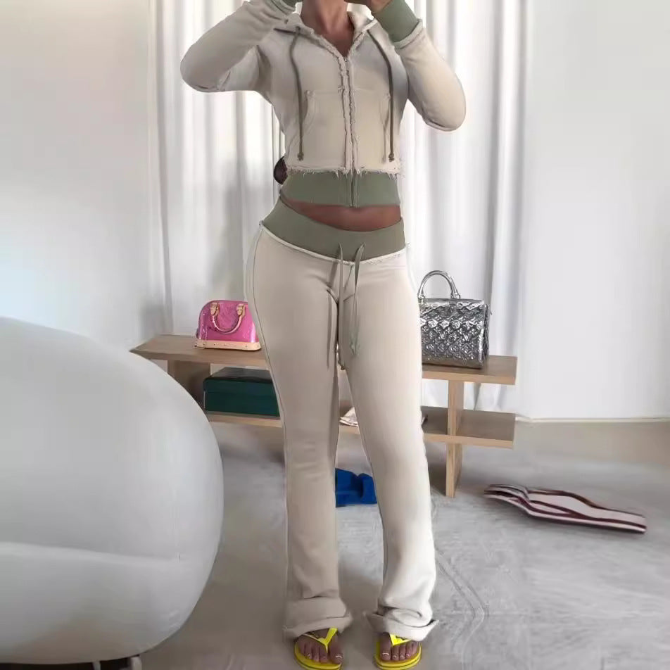 Women's Short Zip-Up Hoodie and Flared Pants Two-Piece Set teemdrop