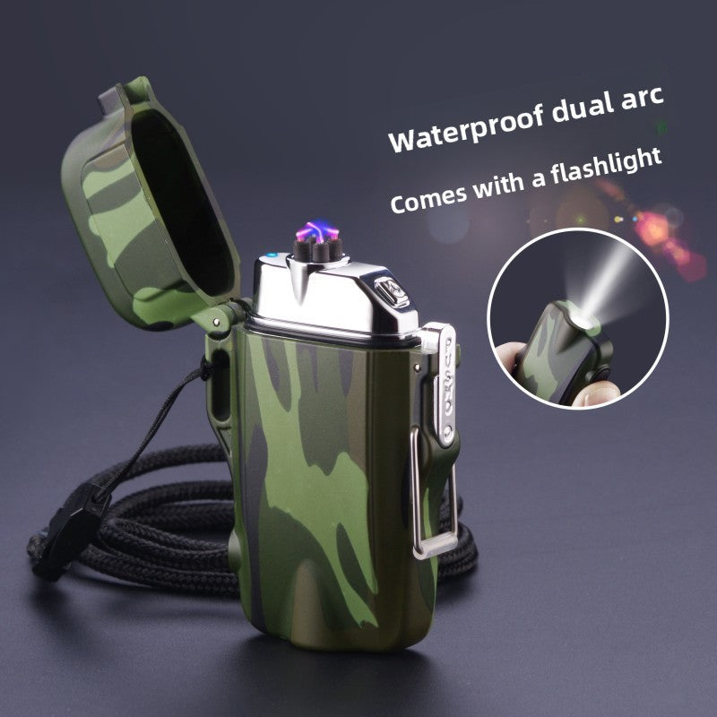 Multifunctional Metal Flashlight Waterproof Silent Dual Arc Lighter teemdrop