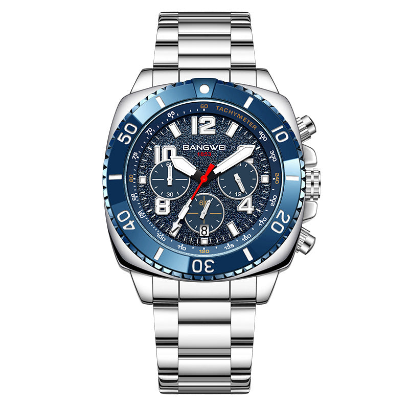 Men's Multifunction Chronograph Calendar Luminous Waterproof Stainless Steel Quartz Watch teemdrop
