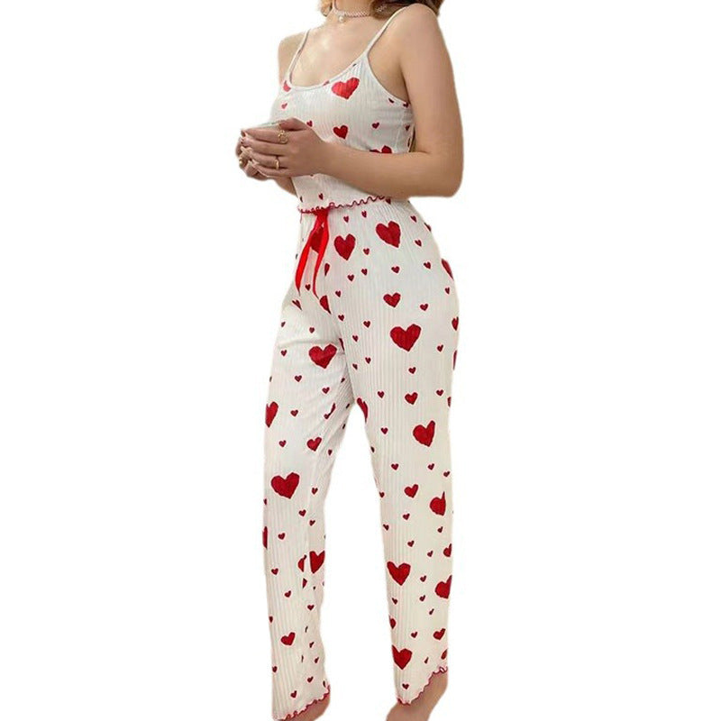 Women's Sleeveless Heart Print Camisole Pajama Lounge Two-Piece Set teemdrop
