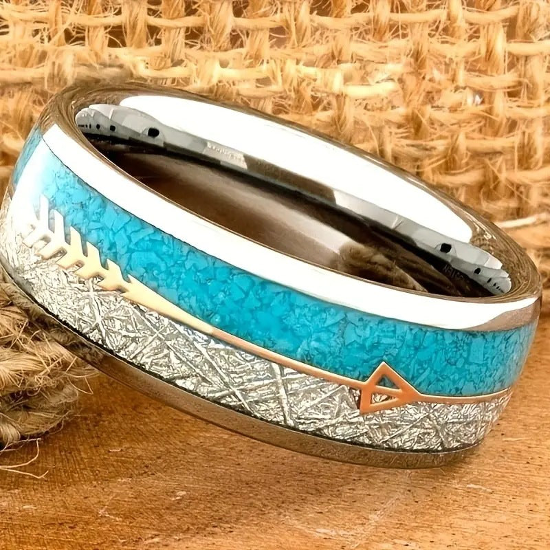 Fashion Unisex Silver Stainless Steel Ring with Gold Arrow Detail