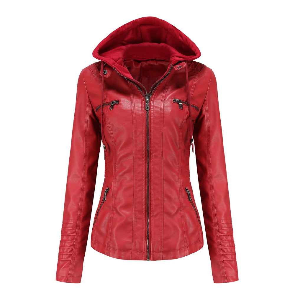 Womens Hooded PU Leather Jacket Two-Piece Set