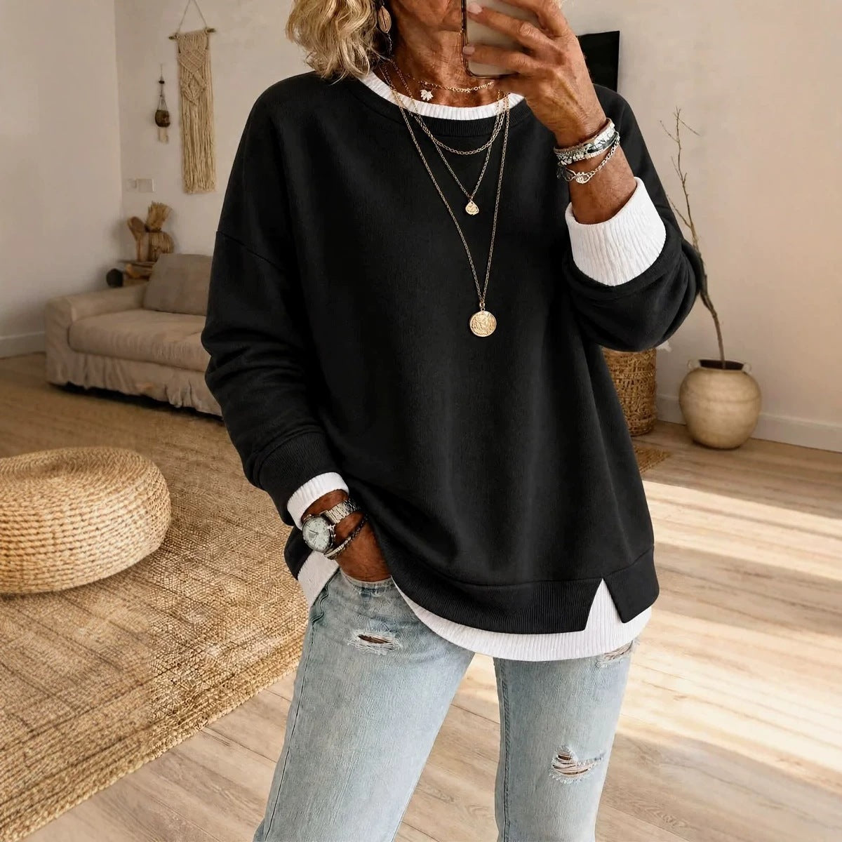 Women's Fake Two-Piece Ribbed Split Hem Round Neck Long Sleeve Pullover teemdrop