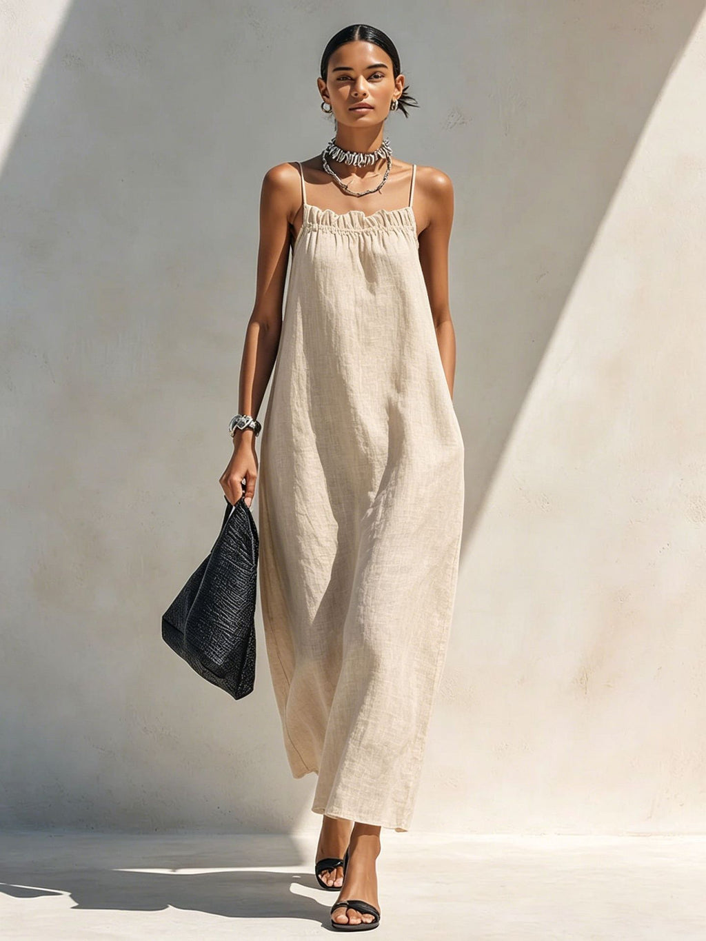Women's Summer Solid Color Ruffle Collar Sleeveless A-Line Long Dress teemdrop