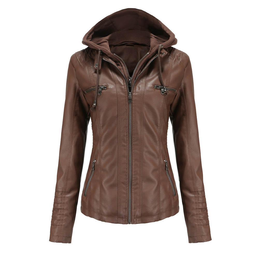 Women's Faux Leather Hooded Jacket Two-Piece Set Slim Fit Long Sleeve teemdrop