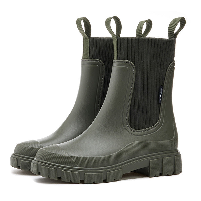 Women's Waterproof PVC Mid-Calf Rain Boots Non-Slip Solid Chelsea Boots teemdrop