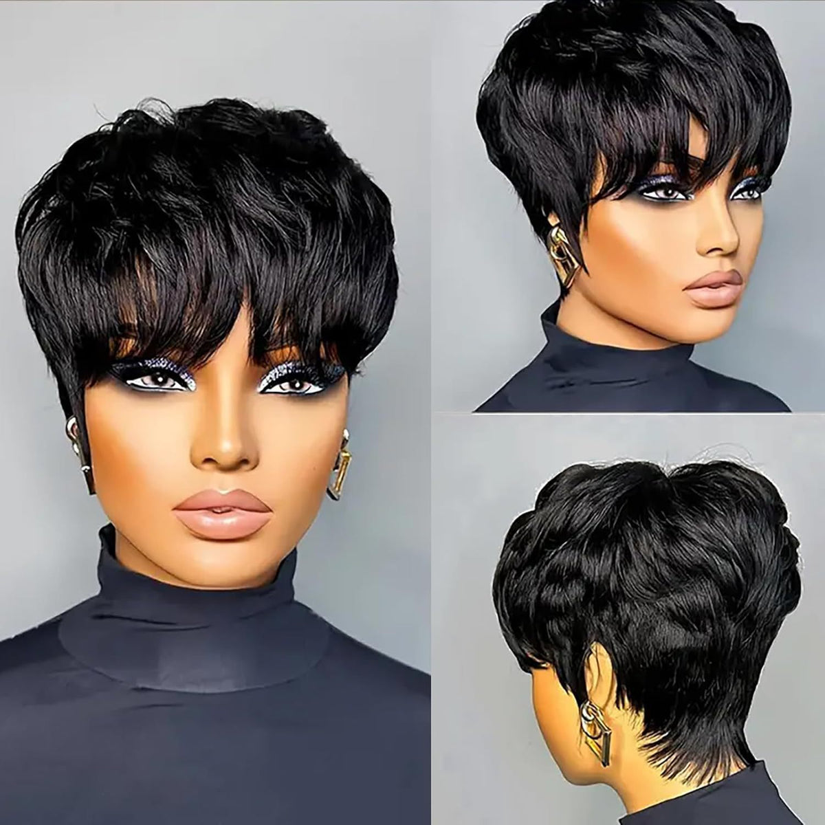 Black Short Curly Pixie Cut Synthetic Wig with Adjustable Cap teemdrop