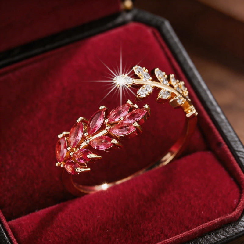 Fashion Creative Design Leaf and Wheat Ear Open Ring, Exquisite Light Luxury Everyday Versatile Casual Accessory