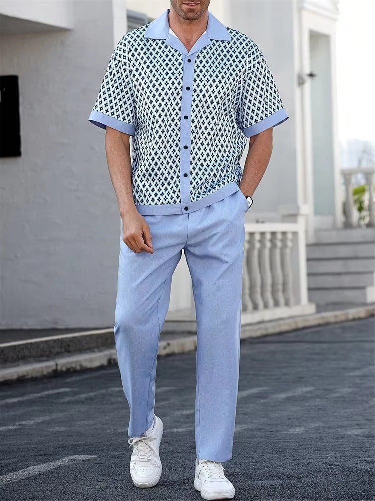Mens Solid Color Short Sleeve Shirt and Drawstring Long Pants Two Piece Outfit teemdrop