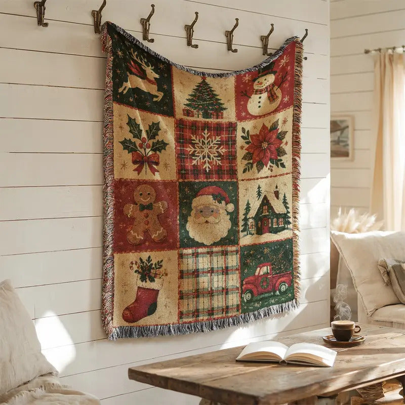 Retro Christmas Tassel Tapestry Throw Blanket