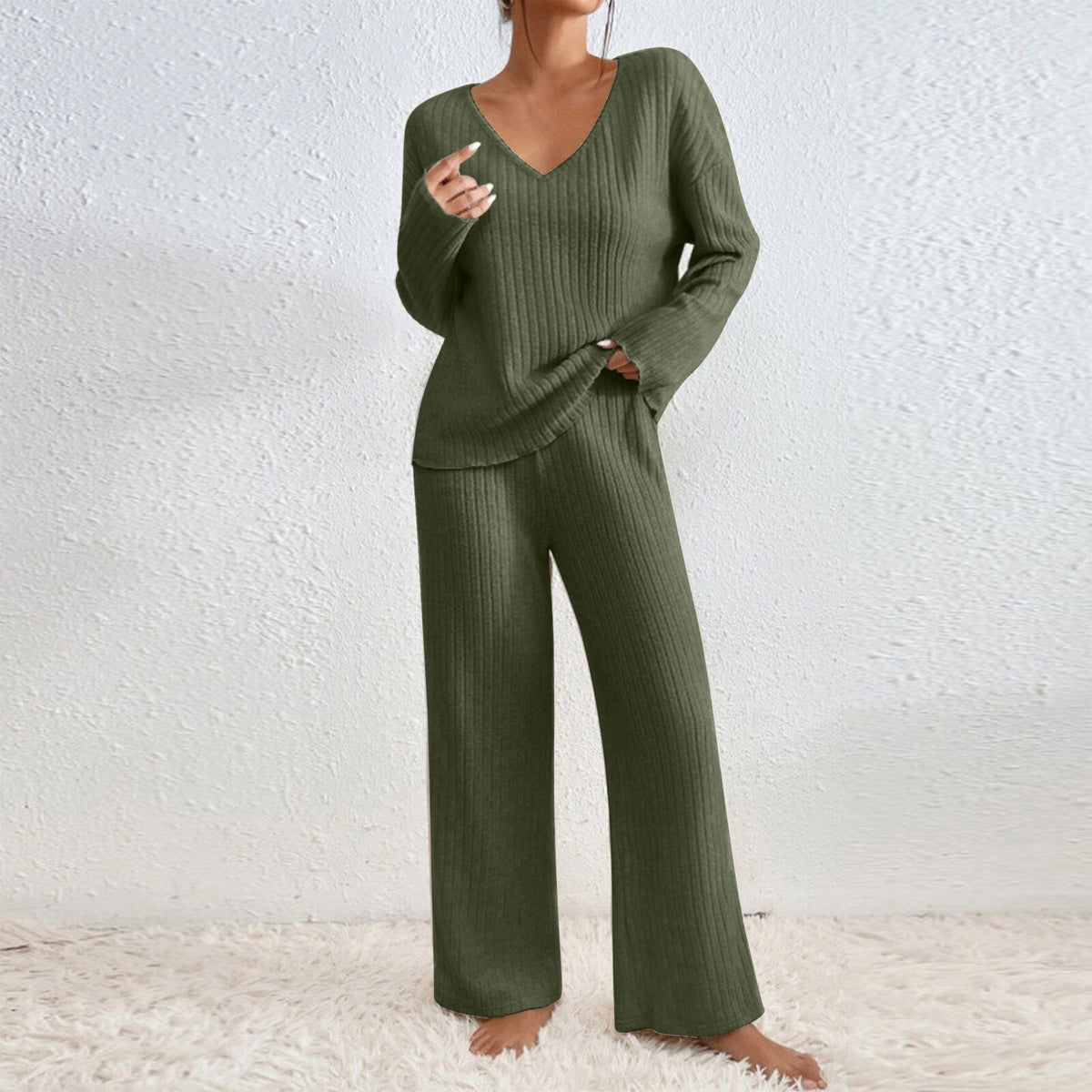 Women V-Neck Loose Ribbed Knit Long Sleeve Top Suit Set teemdrop