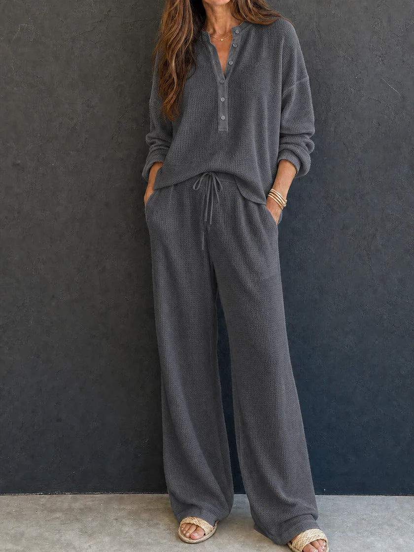 Women's Solid Color Knit Rib Top Straight Pants Set teemdrop