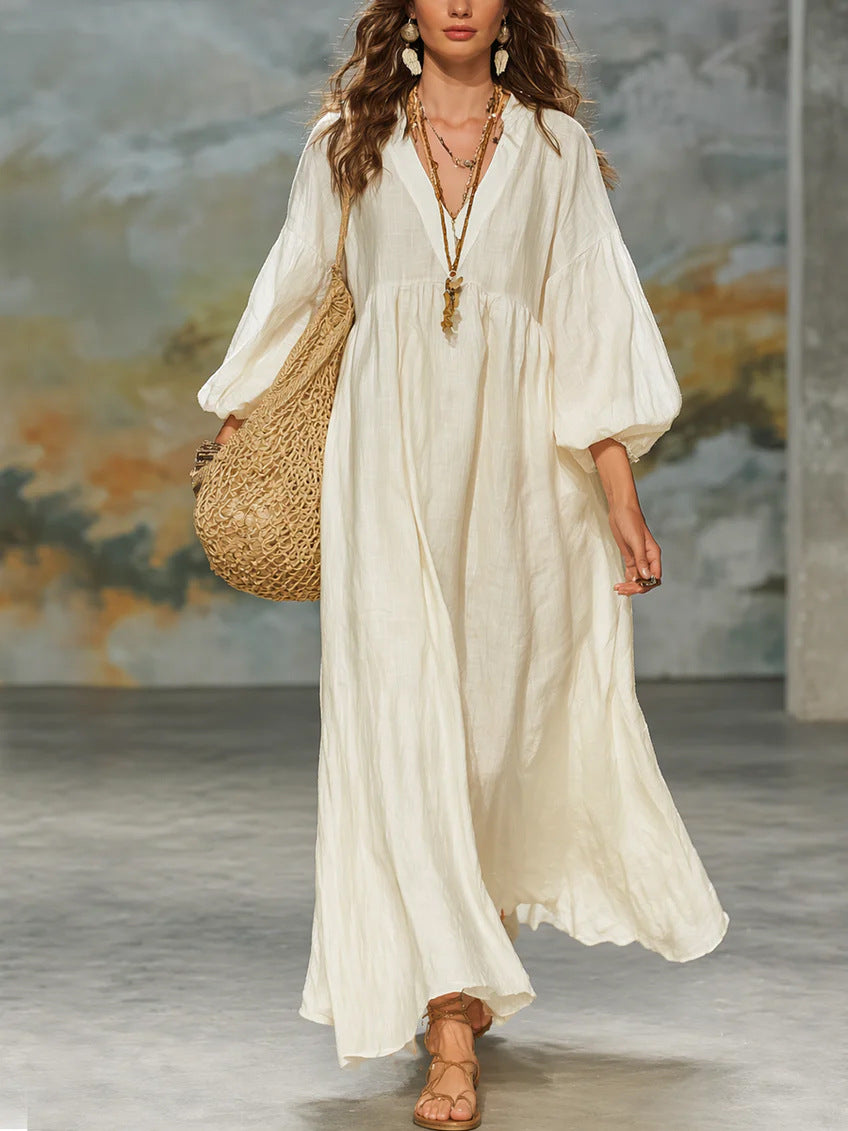 dress women's cotton and linen deep V lantern sleeves teemdrop