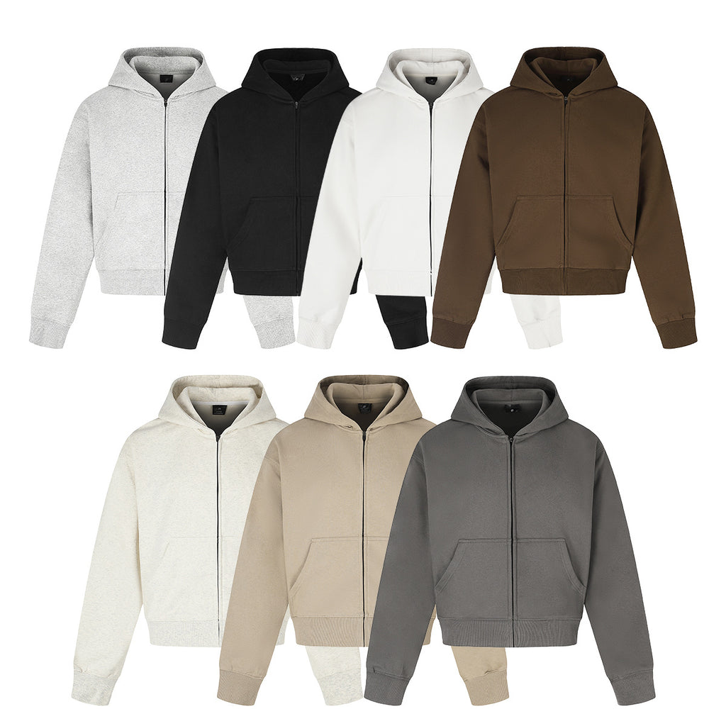 Retro Short Zip-Up Hoodie Solid Color Loose Fit Casual Jacket for Adults teemdrop