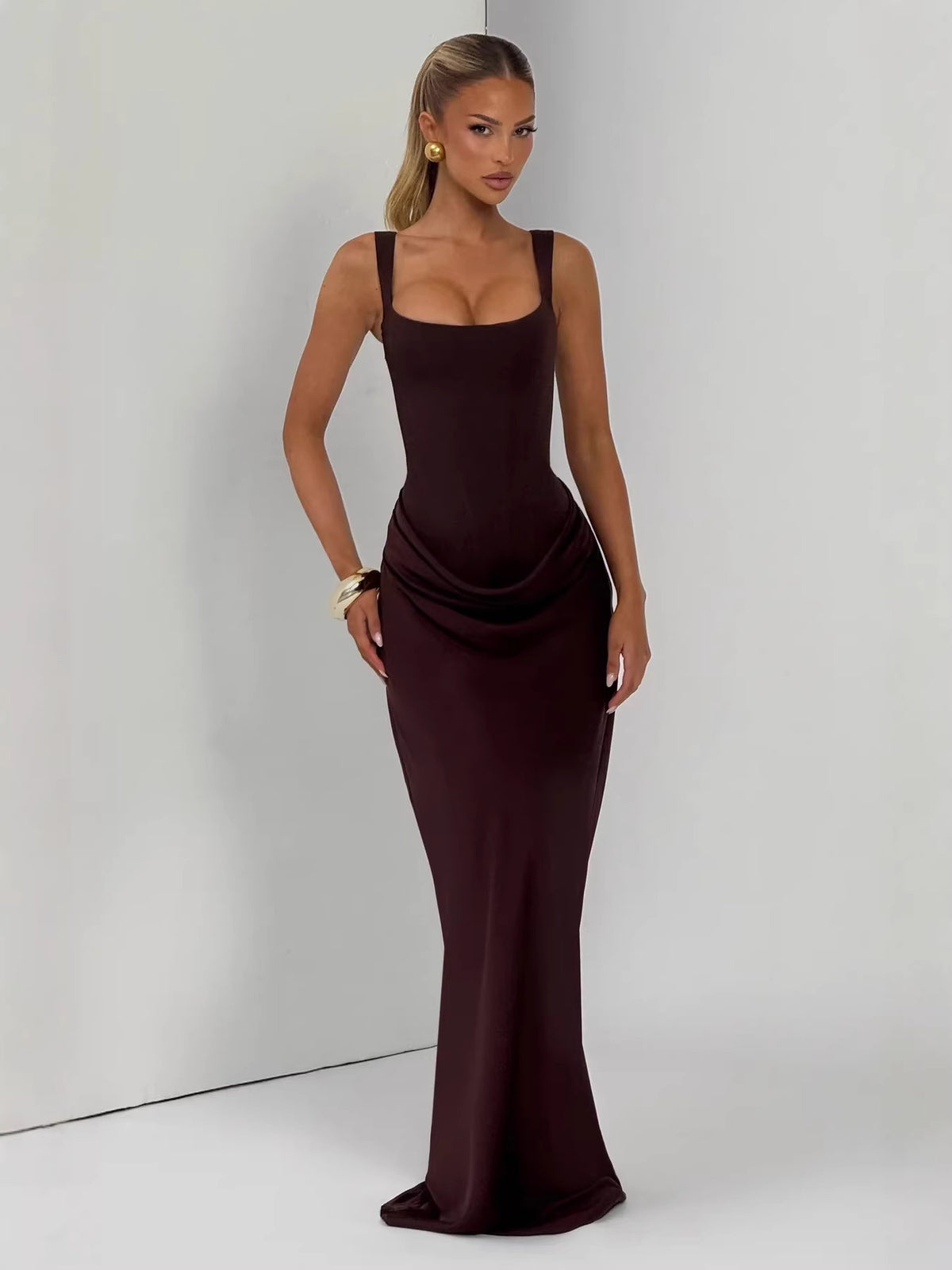 Women?s Drawstring Design Pleated A-Line Sleeveless Long Dress teemdrop