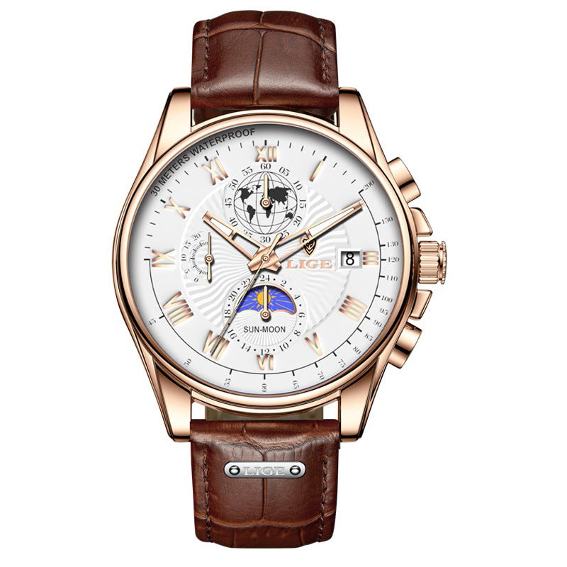 LIGE Men's Business Watch with Moon Phase Multifunction Quartz Wristwatch Leather Strap Waterproof