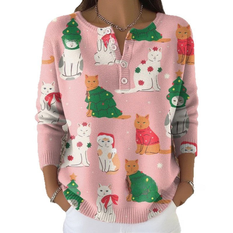 Women Retro Christmas 3D Print Four-Button Stand-Up Collar Long Sleeve T-Shirt teemdrop