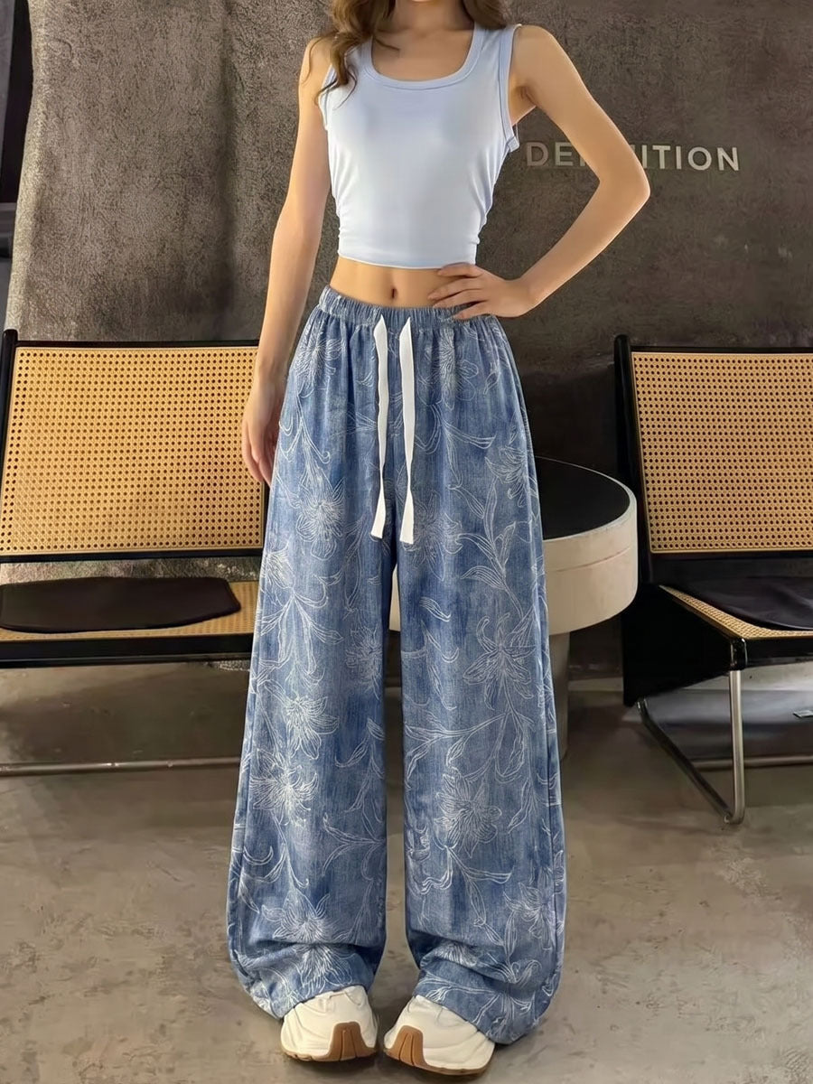 Women's Artistic Print High-Waist Wide-Leg Cotton Casual Pants teemdrop