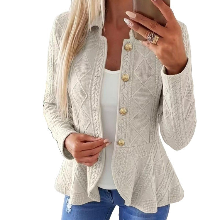 Women's Diamond Pattern Knit Cardigan with Ruffle Hem and Gold Buttons teemdrop