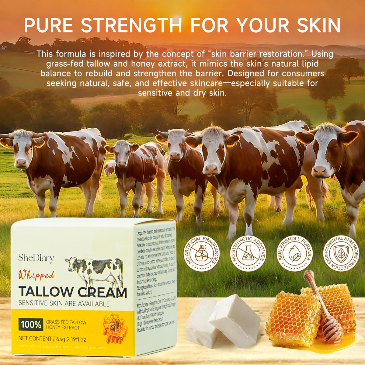 Beef Tallow Deeply Moisturizing and Repairing Face Cream 65g for All Skin Types teemdrop