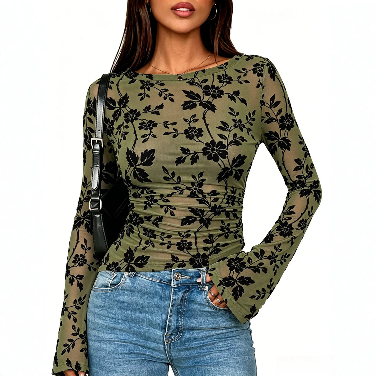 Women's Floral Flocked Mesh Slim Fit Long Sleeve T-Shirt teemdrop