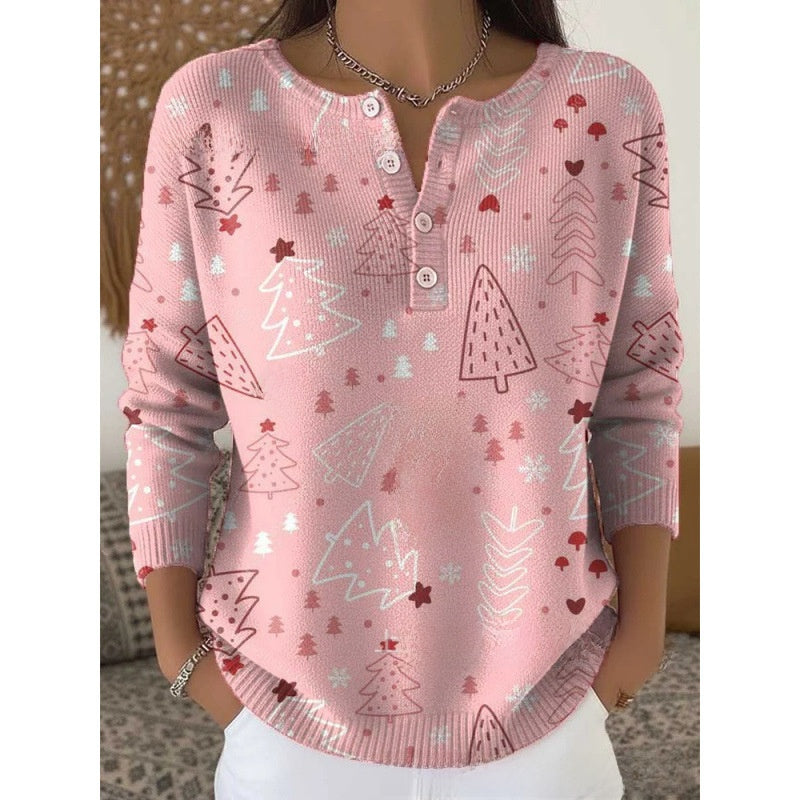 Women Retro Christmas 3D Print Four-Button Stand-Up Collar Long Sleeve T-Shirt teemdrop