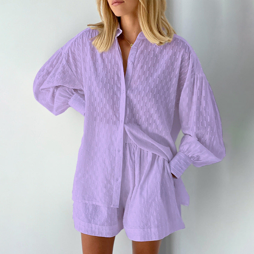 Women's Jacquard Puff Sleeve Shirt and Shorts Two-Piece Set teemdrop