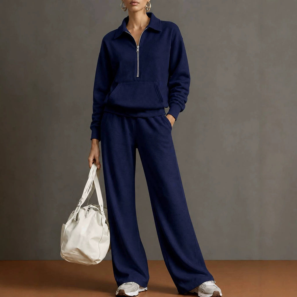 Women Two-Piece Half-Zip Sweatshirt and Wide-Leg Pants Set teemdrop