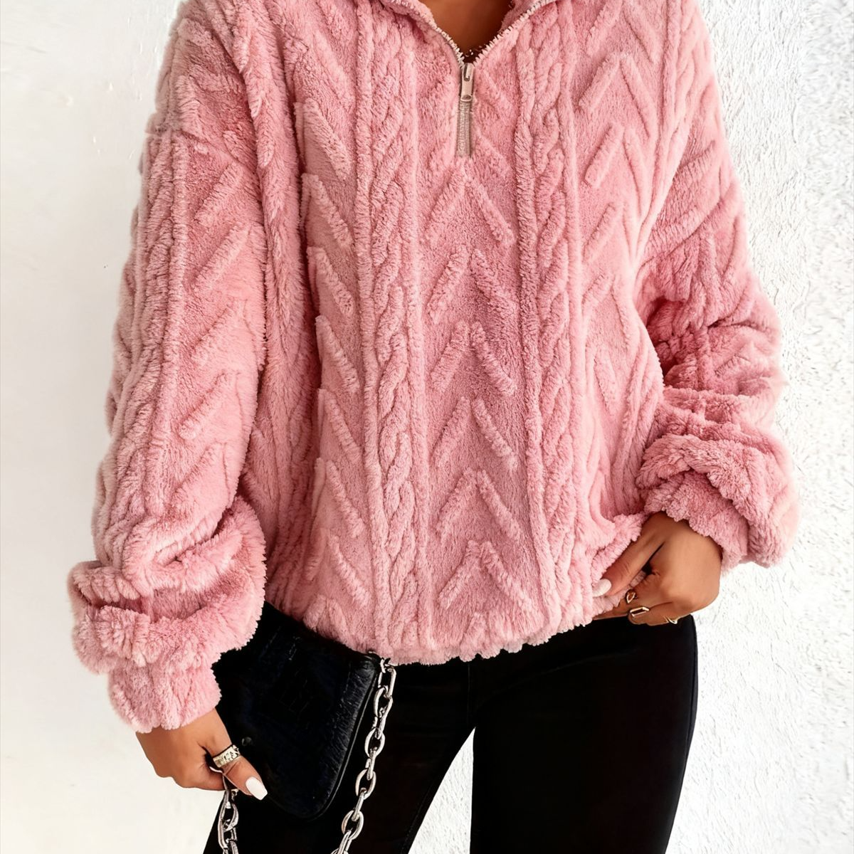 Women's Double-Sided Plush Flower Casual Zipper Pullover Top teemdrop