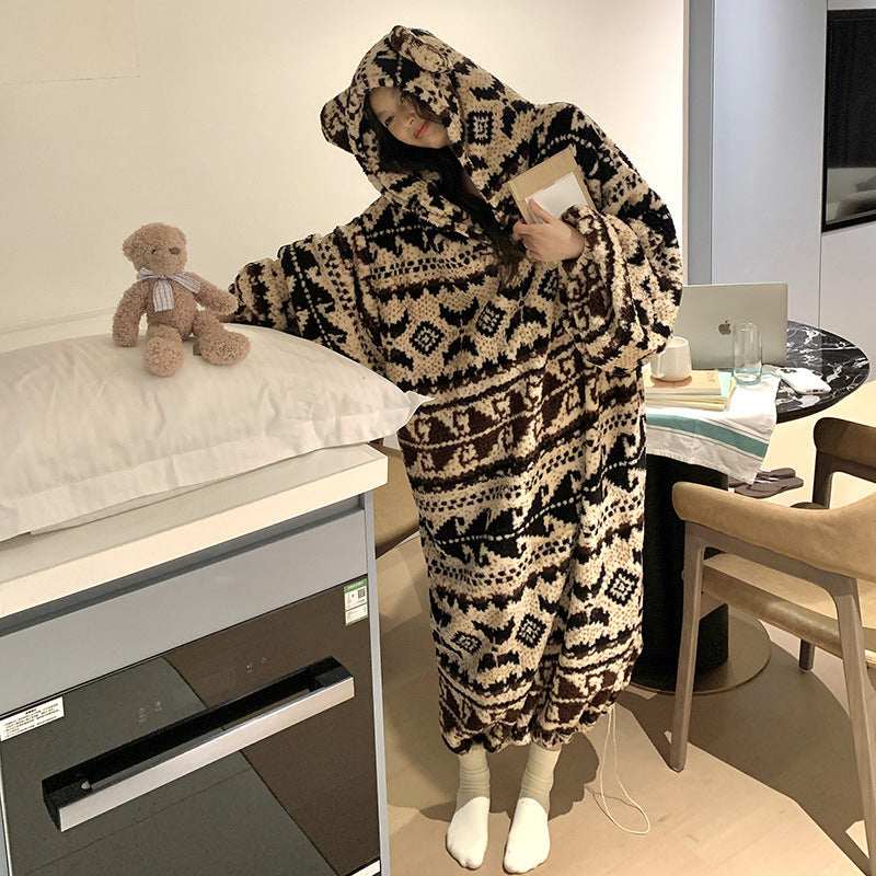 Women's Thickened Coral Fleece Hooded Nightgown Oversized Winter Warm Robe teemdrop