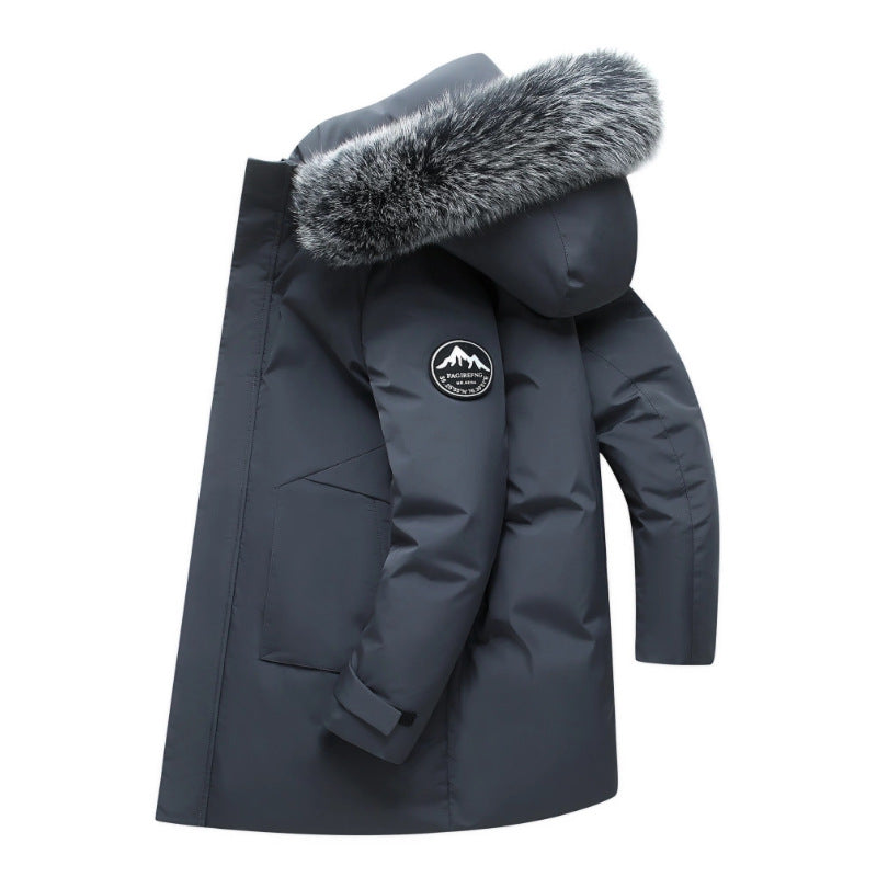 Men's Winter Mid-Length Hooded Down Coat with Fur Collar Loose Fit White Duck Filling Jacket teemdrop