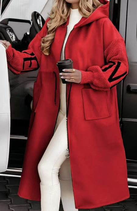 Women's Casual Hooded Long Patchwork Zip-Up Coat