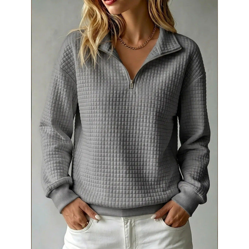 Women's Solid Color Waffle Knit Stand Collar Zipper Long Sleeve Loose Sweatshirt teemdrop