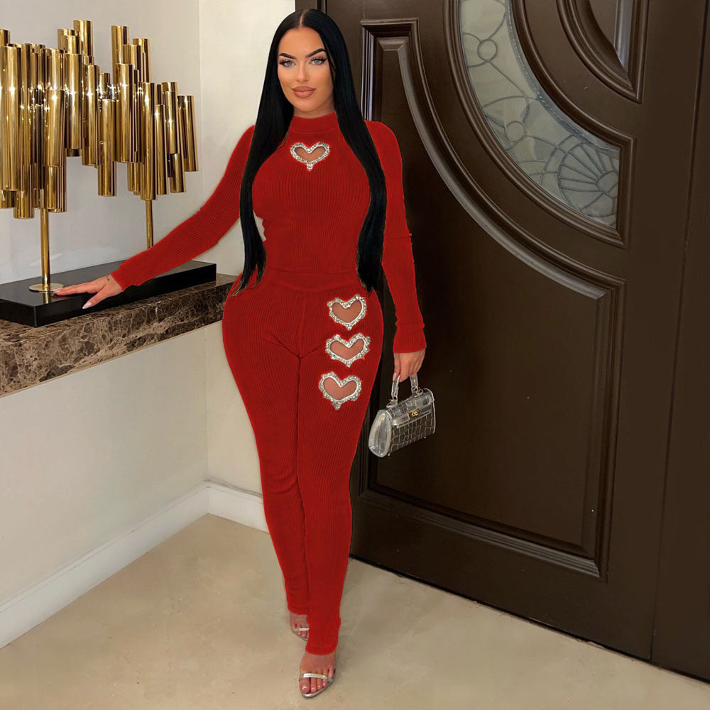 Women's Heart-Shaped Detail Solid Color Two-Piece Pants Suit teemdrop