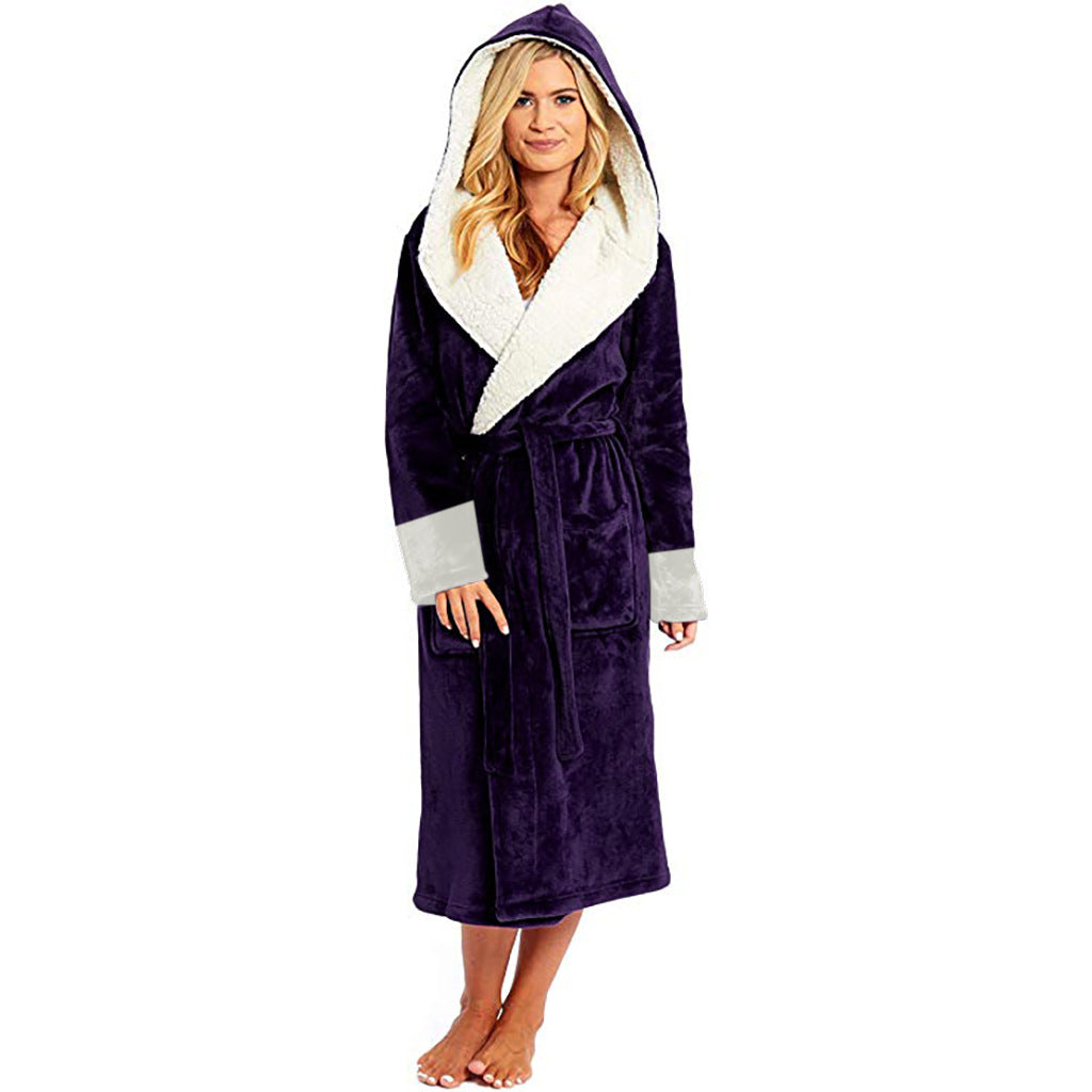 Women Long Plush Bathrobe with Belt Home Loungewear Winter Warm Nightgown