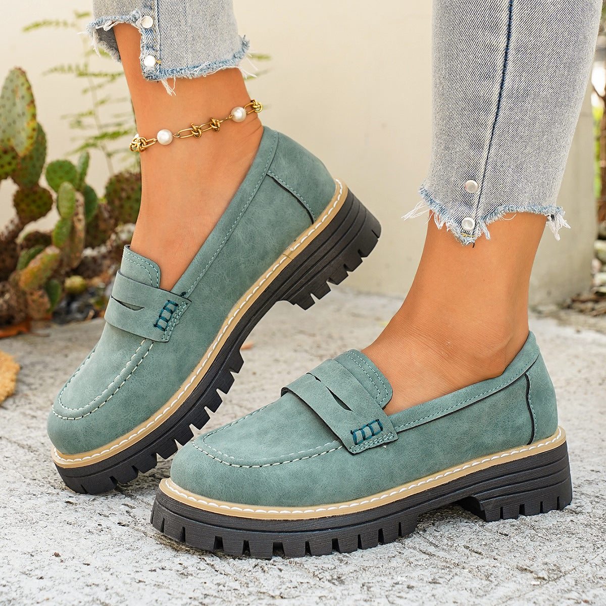Womens Classic PU Loafers Round Toe Thick Heel Slip On Shoes teemdrop