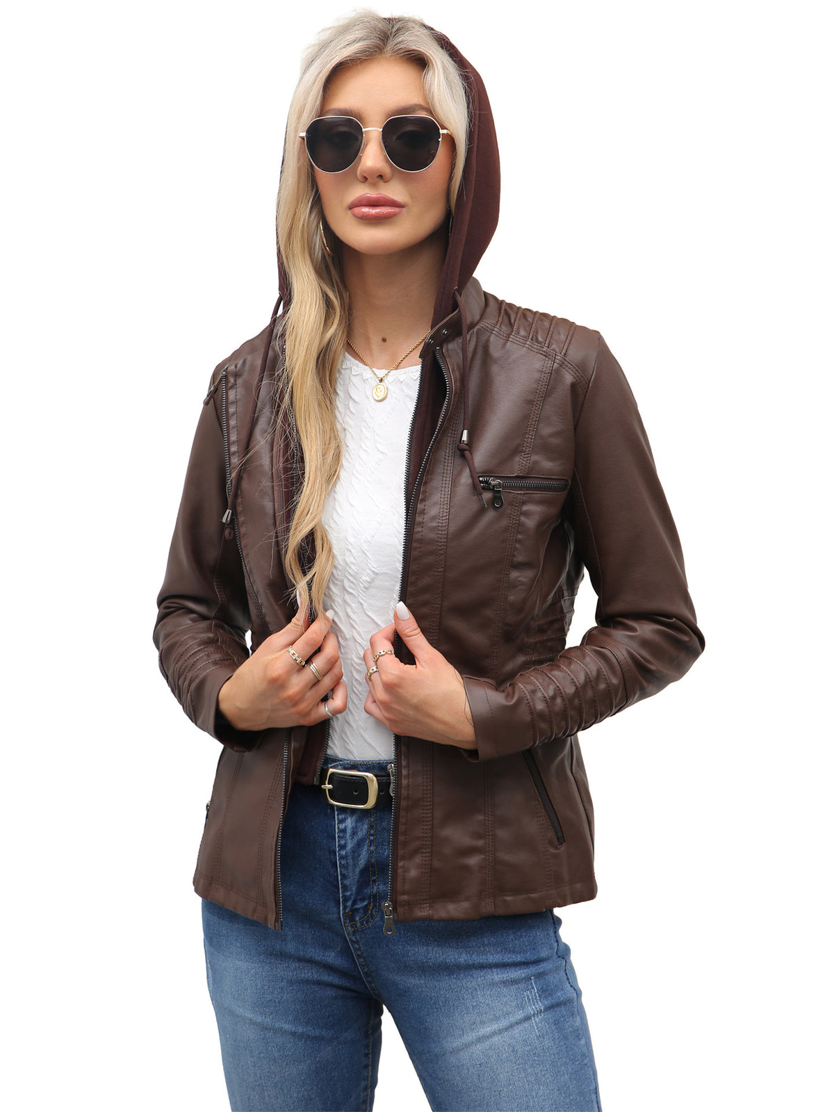 Women's Faux Leather Hooded Jacket Two-Piece Set Slim Fit Long Sleeve teemdrop