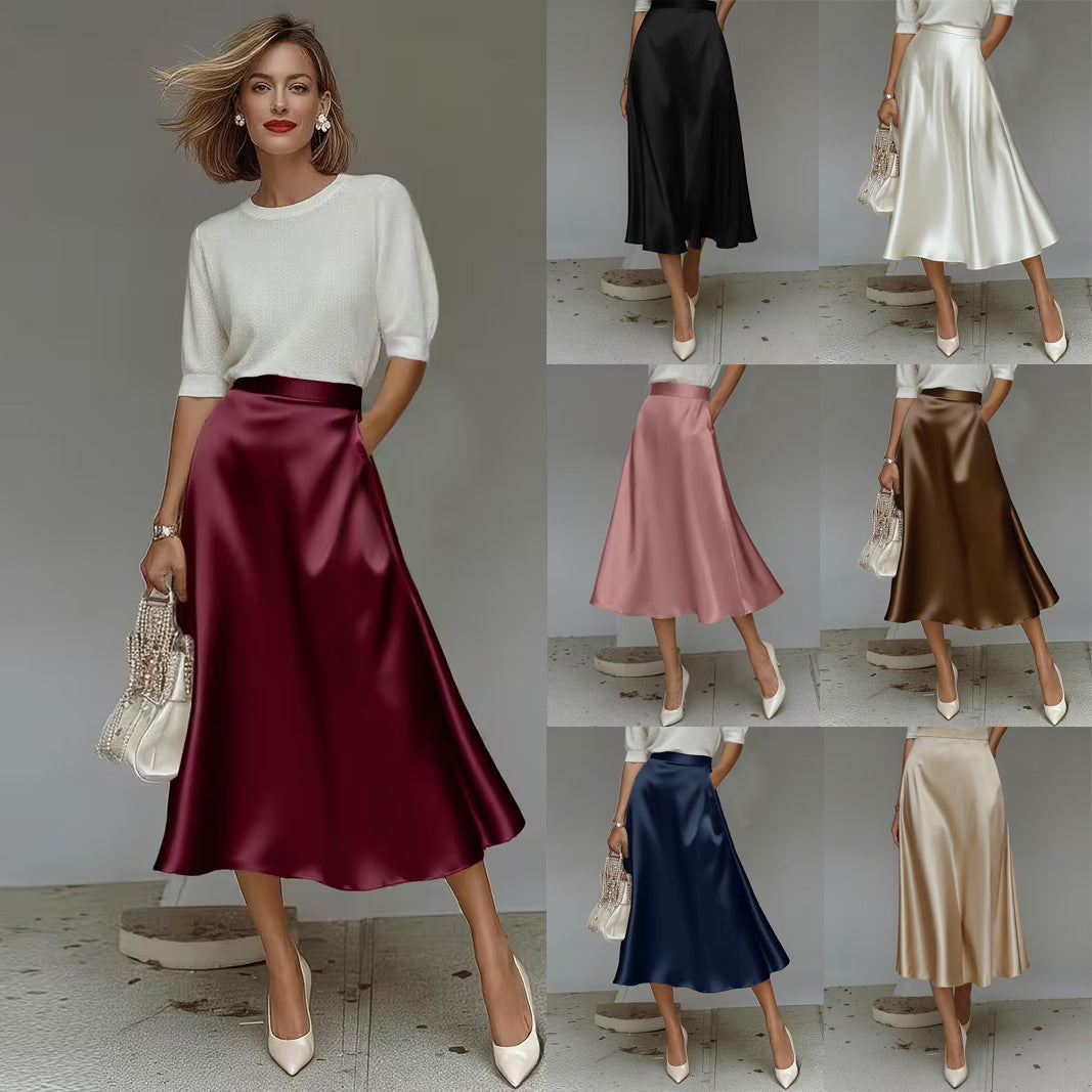 Women's Satin A-Line Midi Skirt Solid Color Elegant Workwear teemdrop