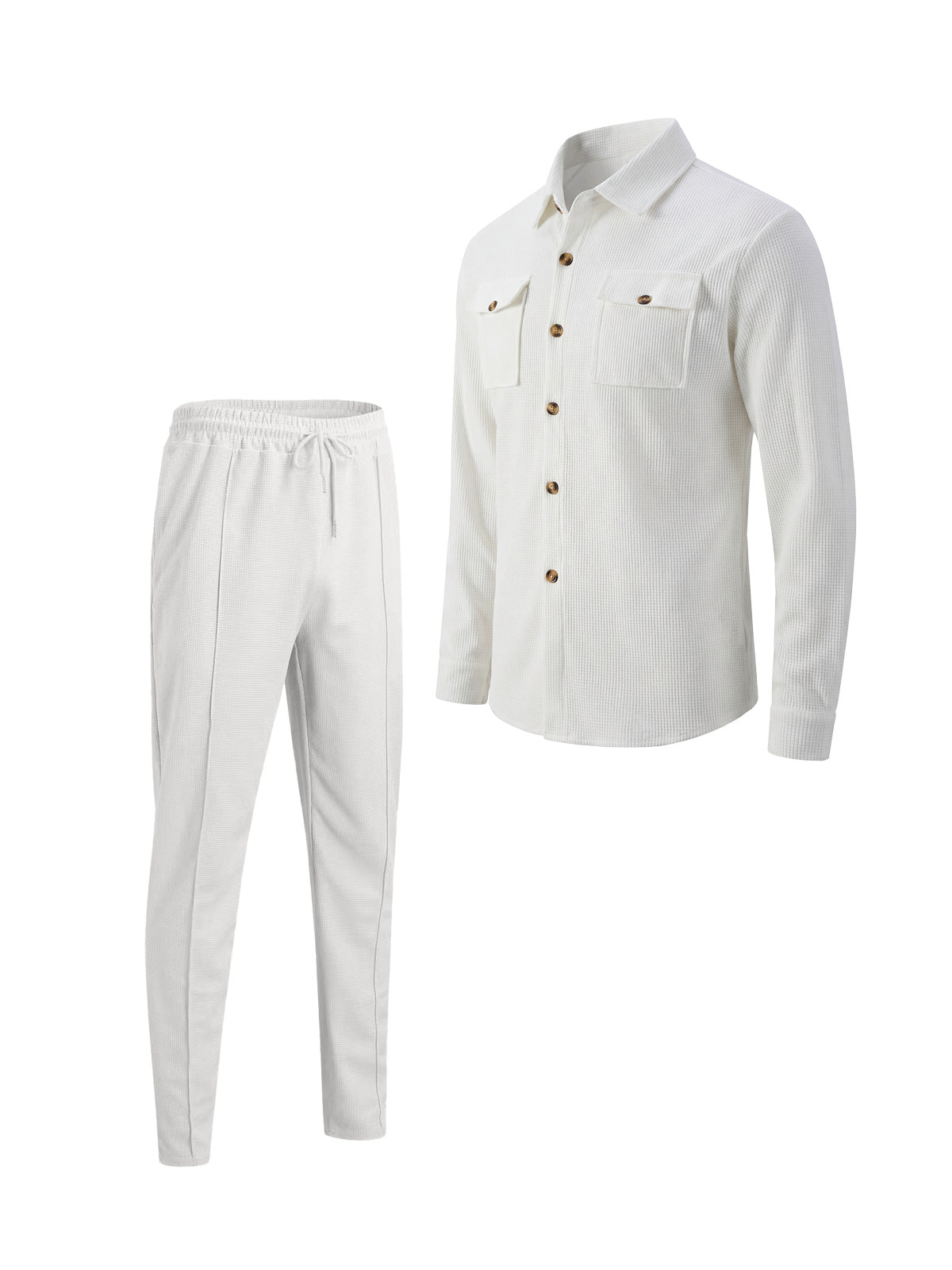 Men's Casual Waffle Solid Color Track Suit Long Sleeve Lapel Jacket and Pants Two-Piece Set teemdrop