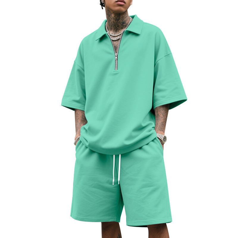Men's two-piece short-sleeved zipper Polo shirt with shorts