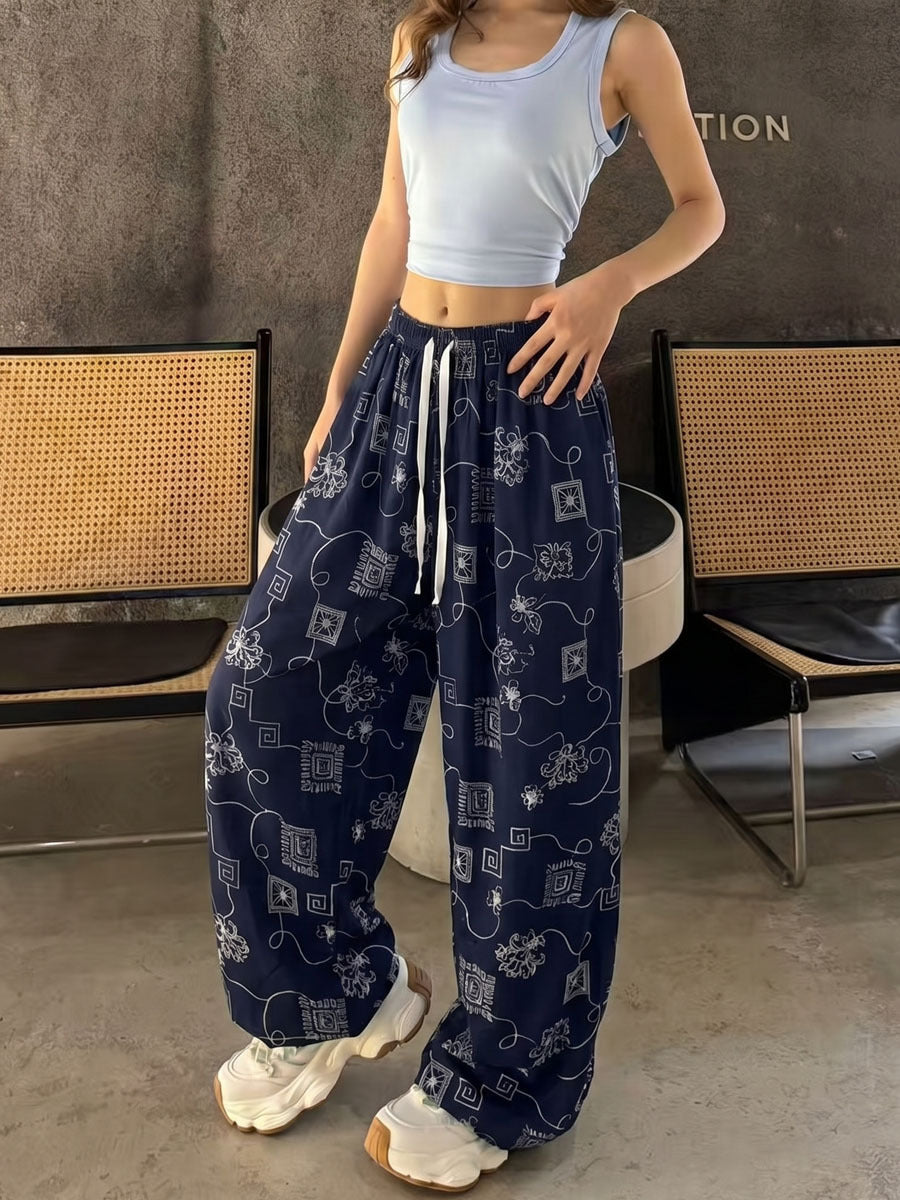 Women's Artistic Print High-Waist Wide-Leg Cotton Casual Pants teemdrop