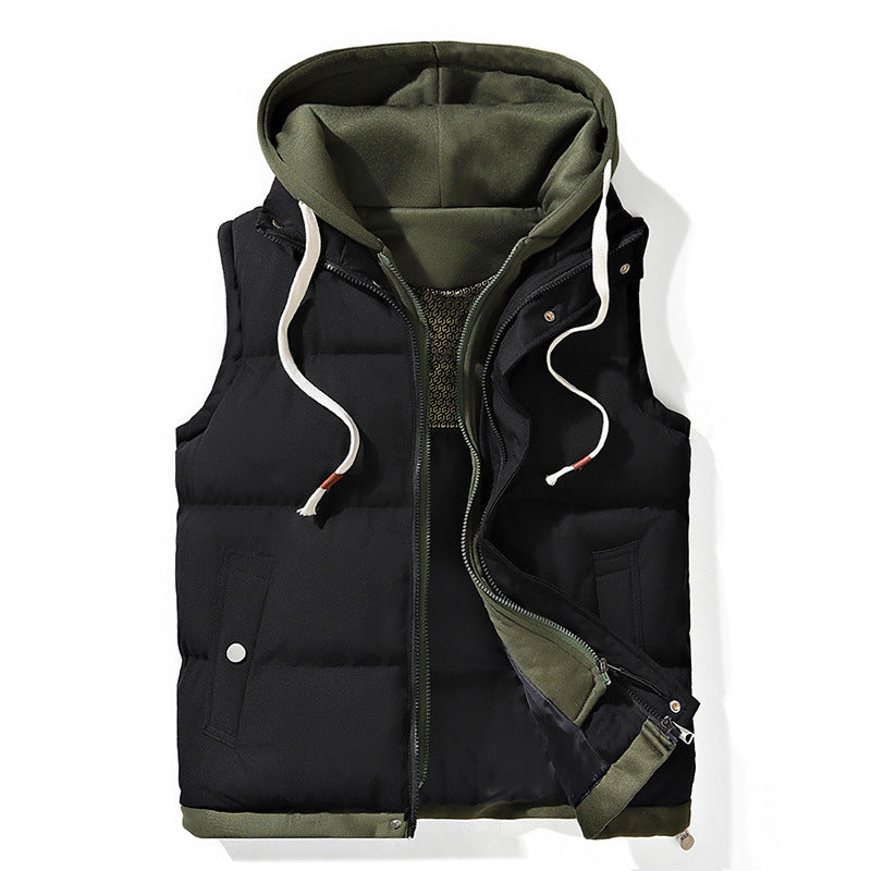 Mens Thick Hooded Vest Loose Fit Padded Sleeveless Jacket with Pockets